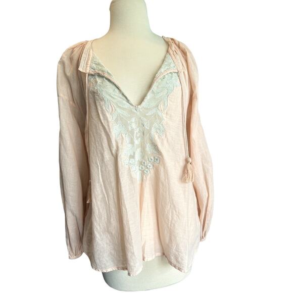 XS Free People Light Peach Lace Accented Peasant Blouse Cottage Core - Picture 1 of 5
